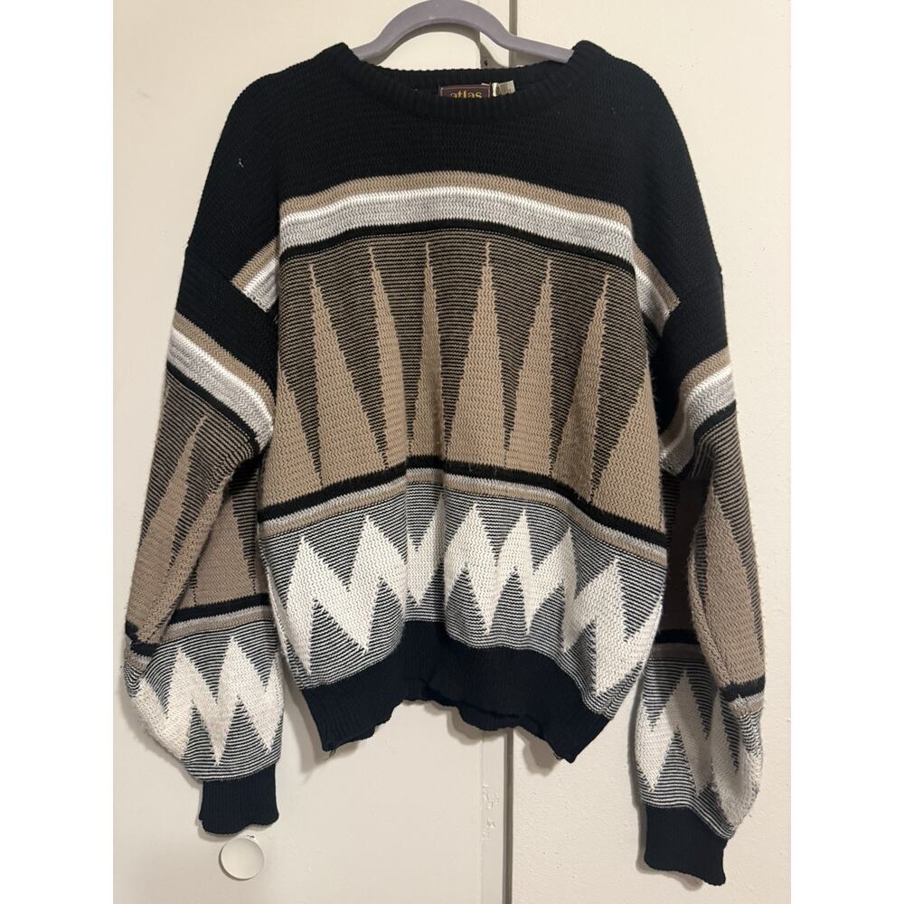 Atlas Men's Vintage Made In USA Pullover Sweater Black Multicolor Pattern XL EUC - Picture 4 of 7